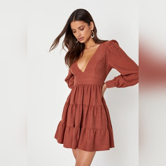 Lulu's Deep Rust Color Long Sleeve Dress - Picture 7 of 7